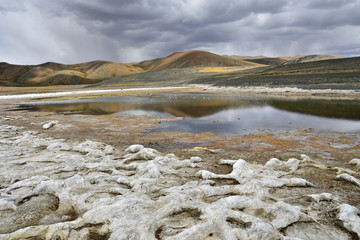The store of the saline triangular lake in the South-Western coast of the lake Rakshasa Tal, Tibet