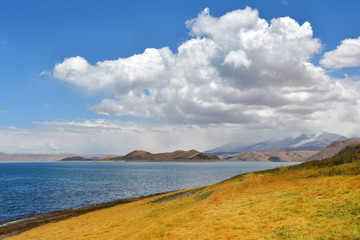 Great lakes of Tibet. Lake Rakshas Tal (Langa-TSO) in summer in cloudy day