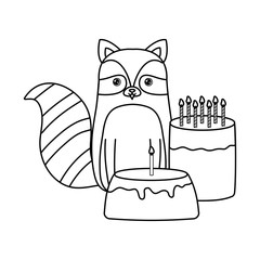 cute raccoon with cakes of birthday