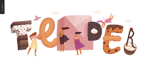 Dessert lettering - Tender - modern flat vector concept digital illustration of temptation font, sweet lettering and girls. Caramel, toffee, biscuit, waffle, cookie, cream and chocolate letters
