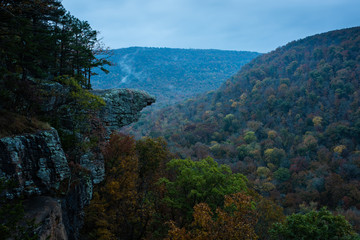 Whitaker Point also known as Hawksbill Crag in the early morning Arkansas fog. The misty fog rolls...