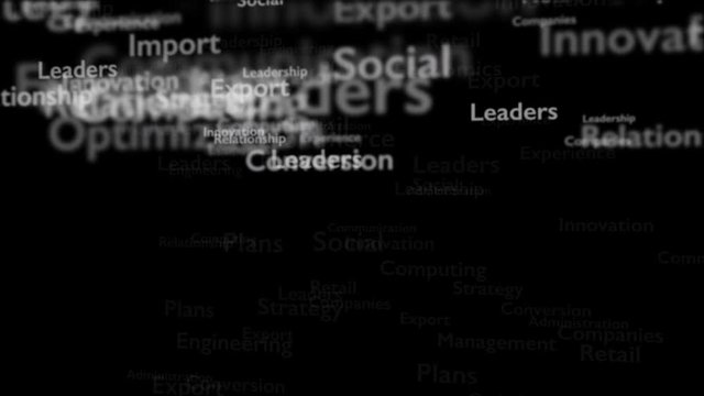 Black background with subject words, which deal with marketing. The bold word is situated on the centre of composition. Close up. Copy space. 3D. Animatiom. 4K.