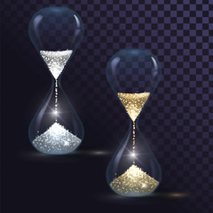 Vector hourglass with gold and silver sand on a transparent background, concept of time, countdown