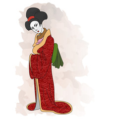 Watercolor japanese woman in kimono, geisha, japanese traditional painting