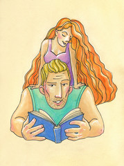 Illustration in cartoon style. big strong man and his little fragile woman. big man, blond reads woman a book