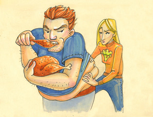 Illustration in cartoon style. big strong man and his little fragile woman