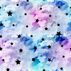 Seamless watercolor pattern with stars and space. Abstract background