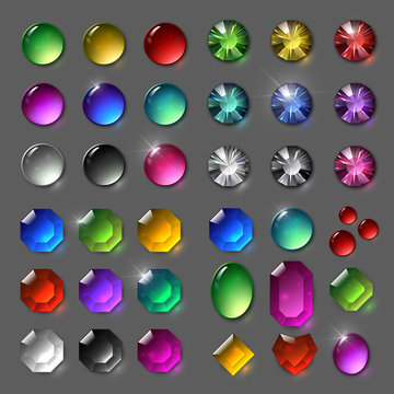 Set of vector gems. Jewelery, shining stones. Crystals of different colors and shapes, rhinestones