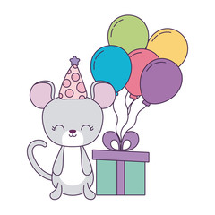 cute mouse with gift box and balloons helium