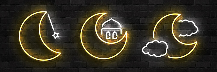 Vector set of realistic isolated neon sign of Ramadan Kareem logo for invitation decoration and template covering on the wall background.