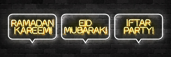 Vector set of realistic isolated neon sign of Ramadan Kareem, Eid Mubarak and Iftar Party logo for invitation decoration and template covering on the wall background.