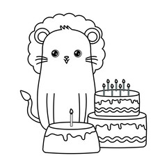 cute lion with cakes of birthday