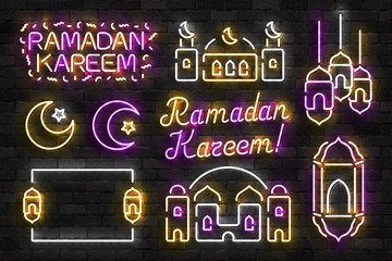 Vector set of realistic isolated neon sign of Ramadan Kareem logo for invitation decoration and template covering on the wall background.