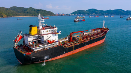 Aerial view oil / chemical tanker in open sea, Refinery Industry cargo ship.