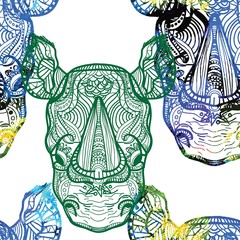 Seamless pattern with African animals. A rhinoceros and a giraffe. Doodling, mandala pattern. Drawing by hand. Stylish background.