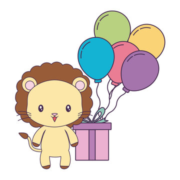 cute lion with gift box and balloons helium