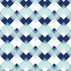 Complex overlapping chevron seamless pattern in dark blue, white and aqua. Transparent colors layer over one another to create a vibrant design. Great for summer textiles,fashion and paper goods.