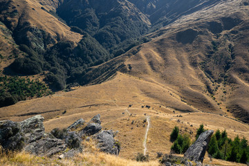 Fototapeta na wymiar The rolling hills of Arrowtown in New Zealand at the start of Autumn