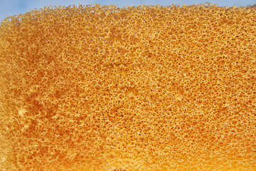 Yellow sponge abstract texture. abstraction embossed wavy bubble structure of foam sponge for washing the body close. for background. copy space
