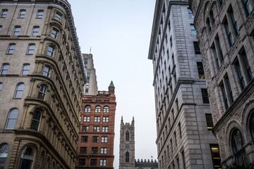 Fototapeta premium Clocktower of Notre Dame Basilica in the Old Montreal, surrounded by the tower of old stone and brick buildings. The basilica is the main cathedral of Montreal, Quebec, Canada