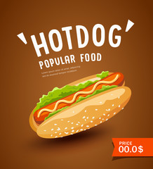 Vector Hot dog promotion poster design on brown background, illustration