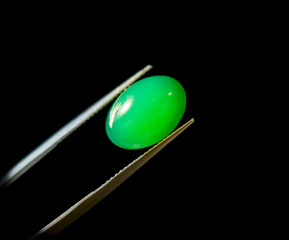 Natural Chrysoprase Gems Stone oval cut beautiful.Holding a green stone by tweezers.