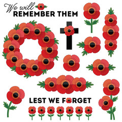 Set of design elements isolated on white for Anzac Day and Remembrance Day with banner elements, single poppies, cross, poppy wreath. Typographic messages Lest We Forget and We Will Remember.