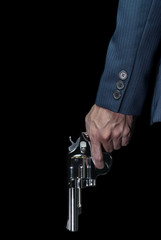Man Hold Stainless Gun or Shooter in Left Hand in Book Cover Style