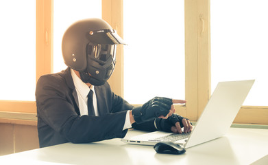 Vintage AI Artificial Intelligence Businessman Concept Command or Order Laptop Wear Glove