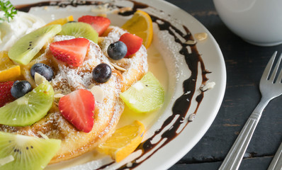 Strawberry Blueberry Kiwi Lemon Waffle Whipped Cream Chocolate Coffee Dessert