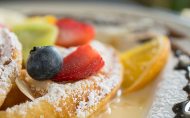 Blueberry Strawberry Kiwi Lemon Waffle Icing Sugar Chocolate Dessert