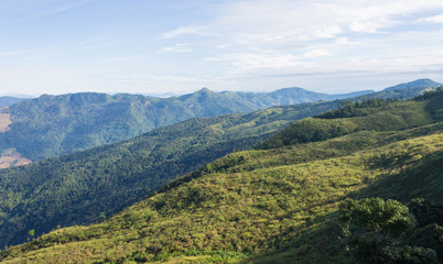 Fototapeta na wymiar 3 Green Tree Mountain with Warm Sun Light and Blue Sky Cloud at Phu Langka National Park Zoom