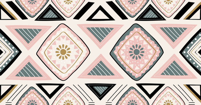 pink green black geometric seamless pattern in African style with square,tribal,circle shape