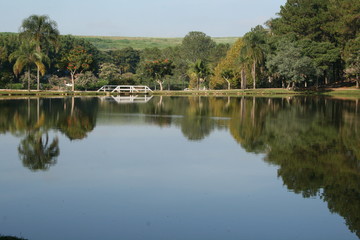 Fototapeta na wymiar belo lago com ponte ensolarada 