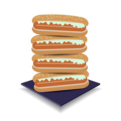 Stack hot dog in bun with mayonnaise vector.
