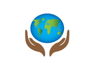 planet map with hands world envirenment care for logo design vector, protect the globe icon, save earth symbol