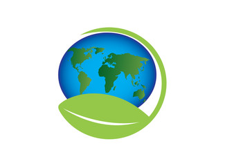 planet map with leaf world envirenment care for logo design vector, protect the globe icon, save earth symbol