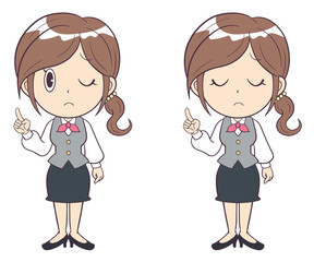 ビジネスウーマン　若い女性　指さし　注意　ポイント　制服　全身