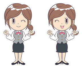 ビジネスウーマン　若い女性　ガッツポーズ　制服　全身　ウインク