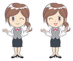 ビジネスウーマン　若い女性　指さし　案内　ポイント　説明　制服　全身　ウインク