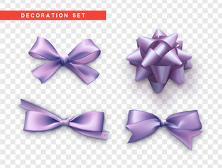 Bows lilac realistic design. Isolated gift bows with ribbons.