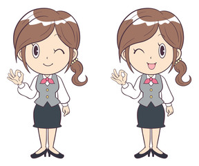 ビジネスウーマン　若い女性　ＯＫ　オーケー　制服　全身　ウインク