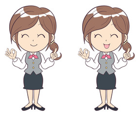 ビジネスウーマン　若い女性　指さし　ＯＫ　ポイント　説明　制服　全身