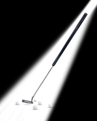 Putter golf ,long putter, belly putter and golf ball isolated on black and white background for present your products.