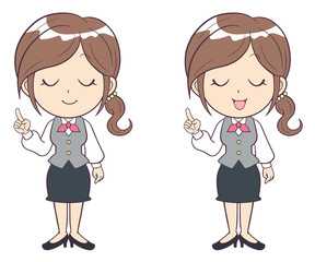 ビジネスウーマン　若い女性　指さし　ポイント　制服　全身