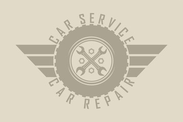 Color illustration of car repair and service. Wheel with wings and text keys