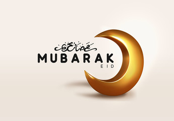 Eid Mubarak islamic design gold crescent moon with arabic handwritten calligraphy Ramadan Kareem