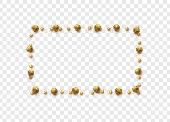 Gold round chocolates in foil, pearls and scattering of glitter isolated on transparent background