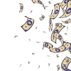 Chinese yuan notes falling. Random CNY bills on wh