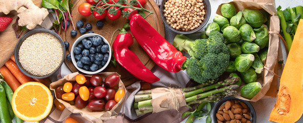Healthy vegan food. Panorama, banner. Top view